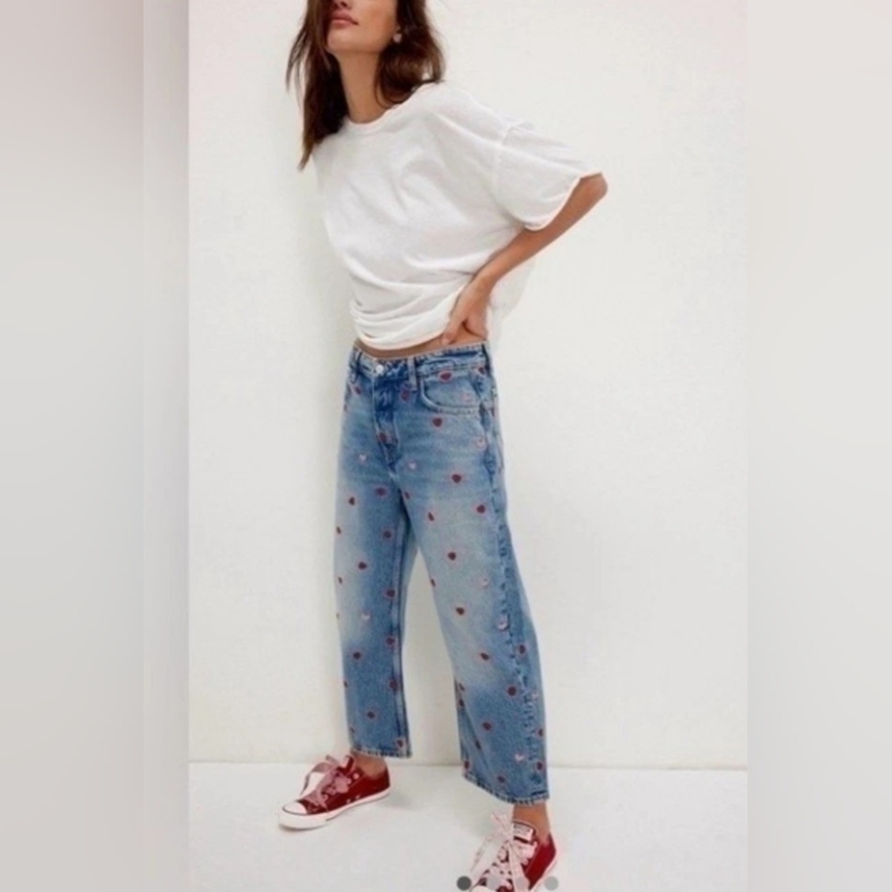 Free People Denim Boyfriend Jeans with Red Hearts *SOLD OUT *27 *NWT
